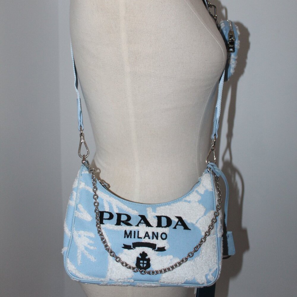 Prada Re-Edition 2005 Embroidered Drill Shoulder Bag wPouch Blue White Crossbody - Picture 10 of 16